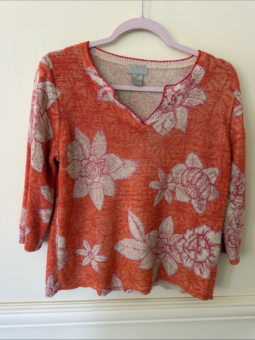 Sigrid Olsen Sport Orange Floral Sweater Top Size PM Orange Pink Vacation summer